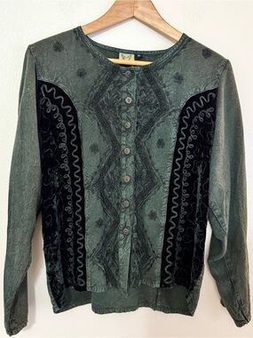 Vintage Tierra Madre XL Green Velvet Embroidered Boho Art to Wear Top